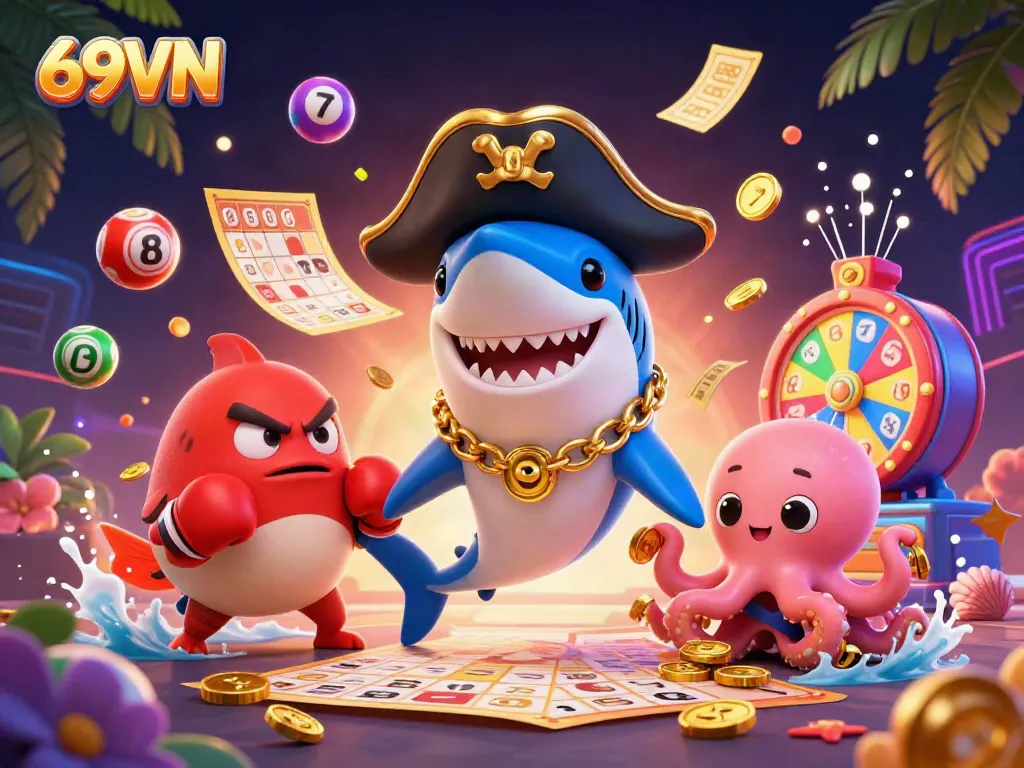 Experience thrilling moments at 69VN as the pirate shark and friends celebrate with colorful lottery elements.