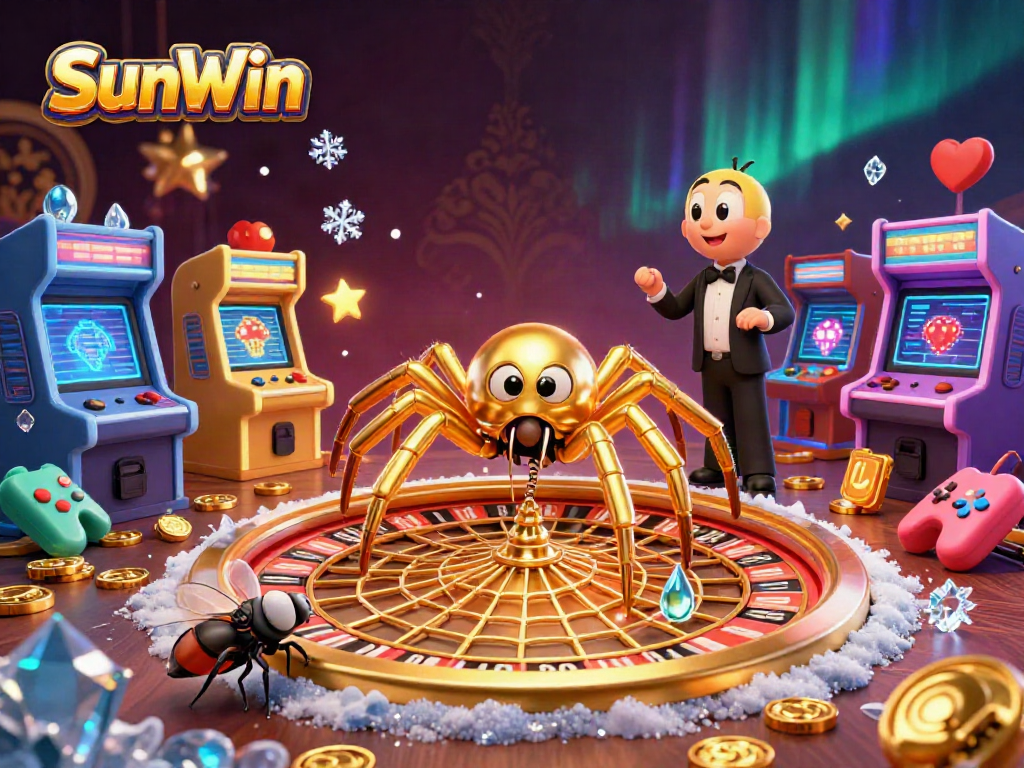 Place bets at SunWin as a golden spider spins a roulette web in a lively casino environment.