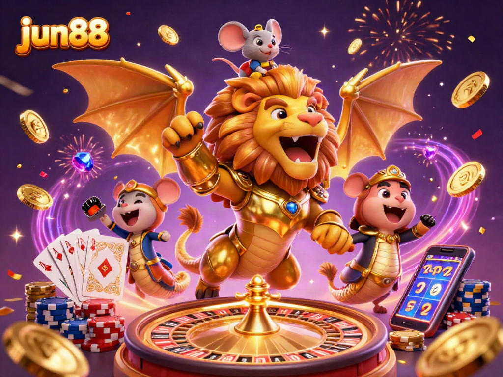 Engage with jun88's thrilling gaming experience featuring a majestic chimera and casino excitement.