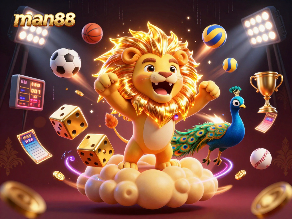 Experience the thrill of man88 with a vibrant 3D scene featuring a roaring lion and golden dice.