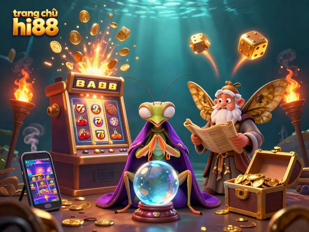 Engaging slot gameplay at trang chủ hi88 with vibrant characters, fortune teller, and golden coins.
