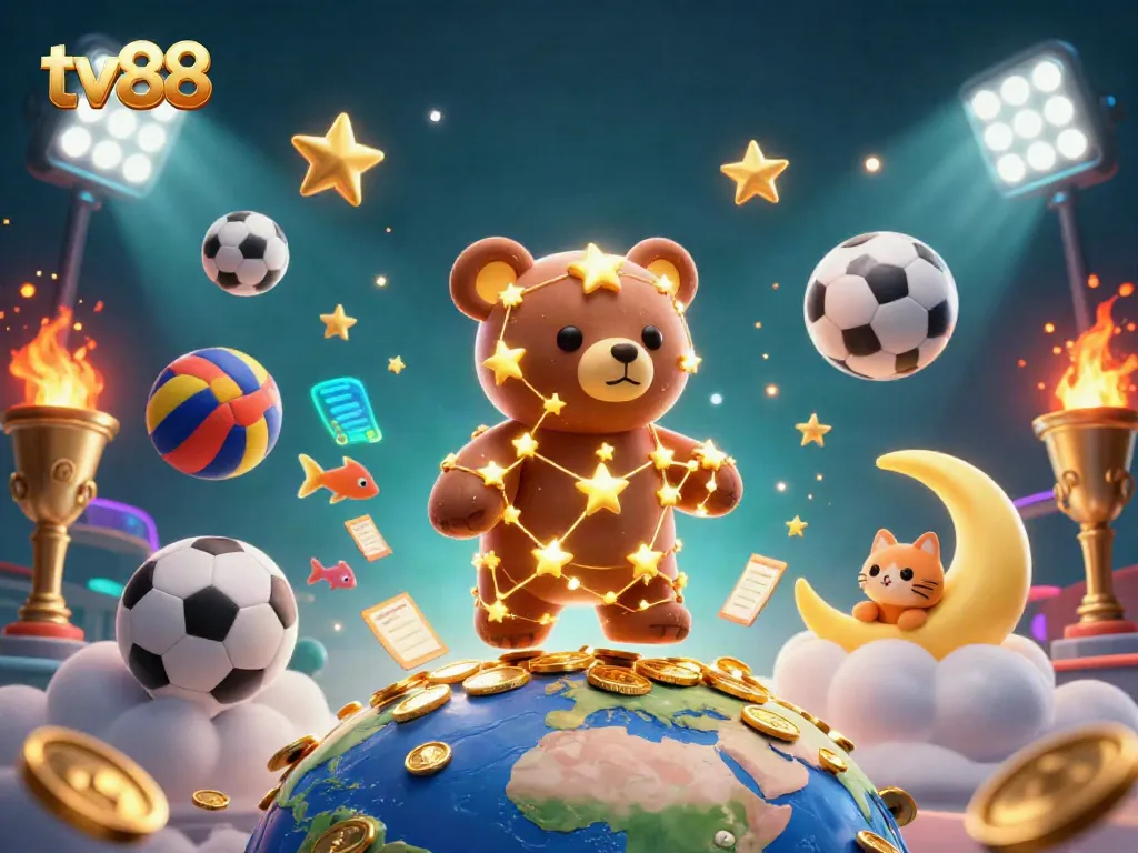 Win big with the vibrant casino-themed illustration of tv88 featuring a golden constellation bear and sports elements.