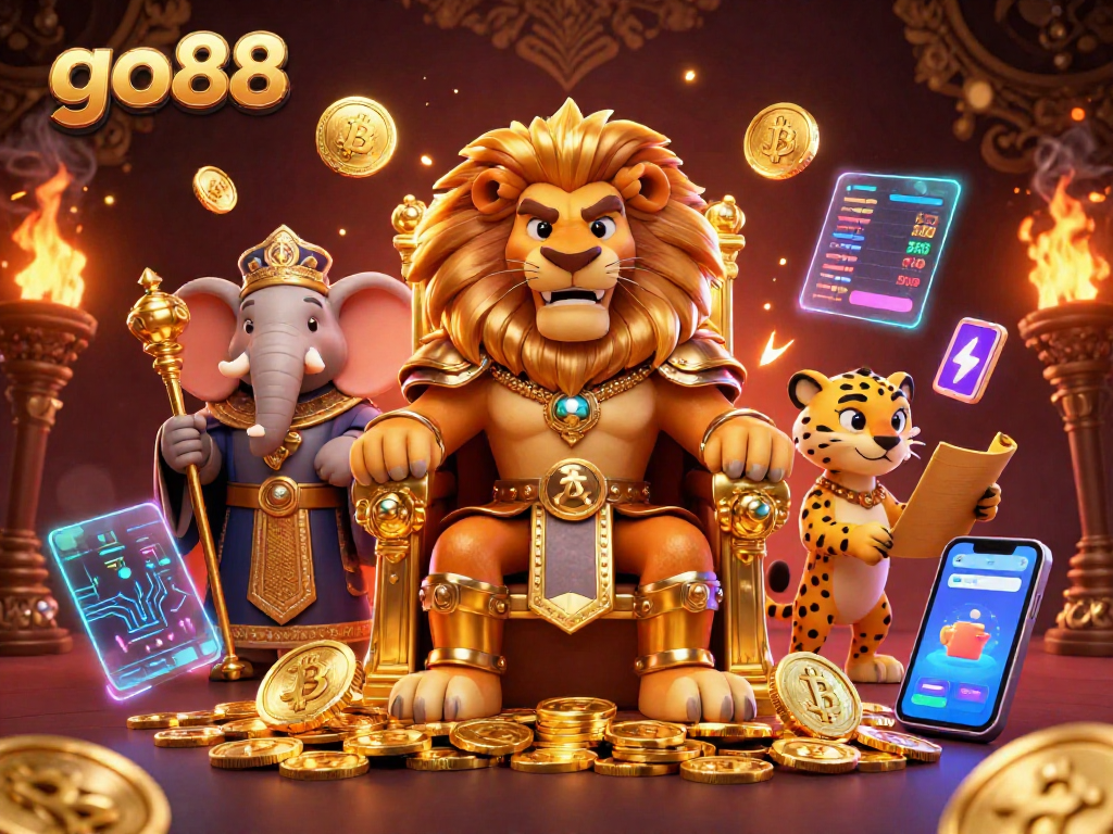 Engage with go88's thrilling gaming adventure featuring a lion king and other characters in a rich casino scene.