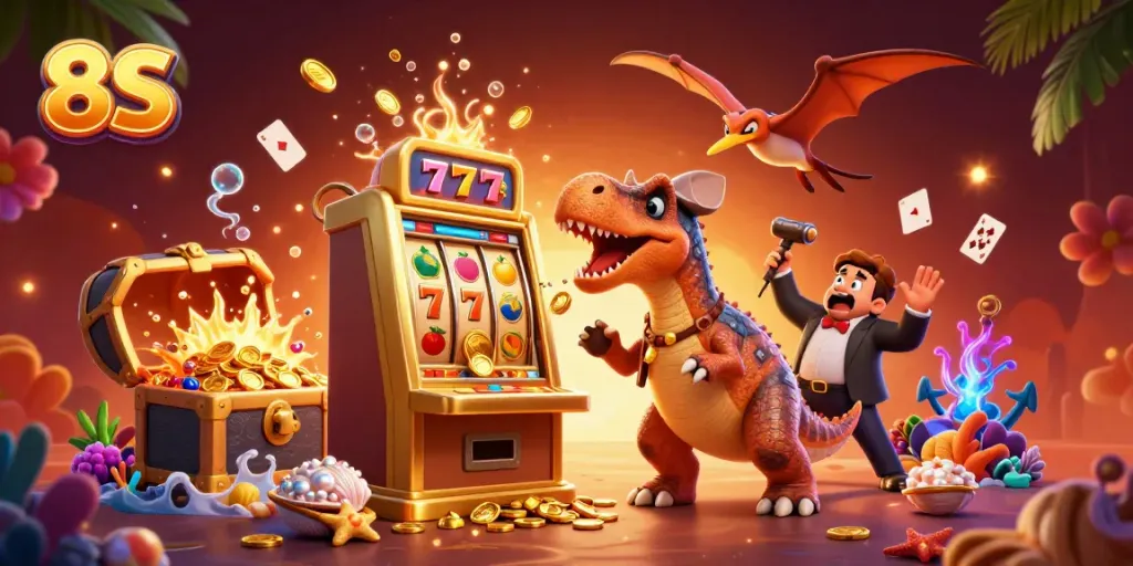 8S engaging players with dynamic slot action in a vibrant casino-themed scene