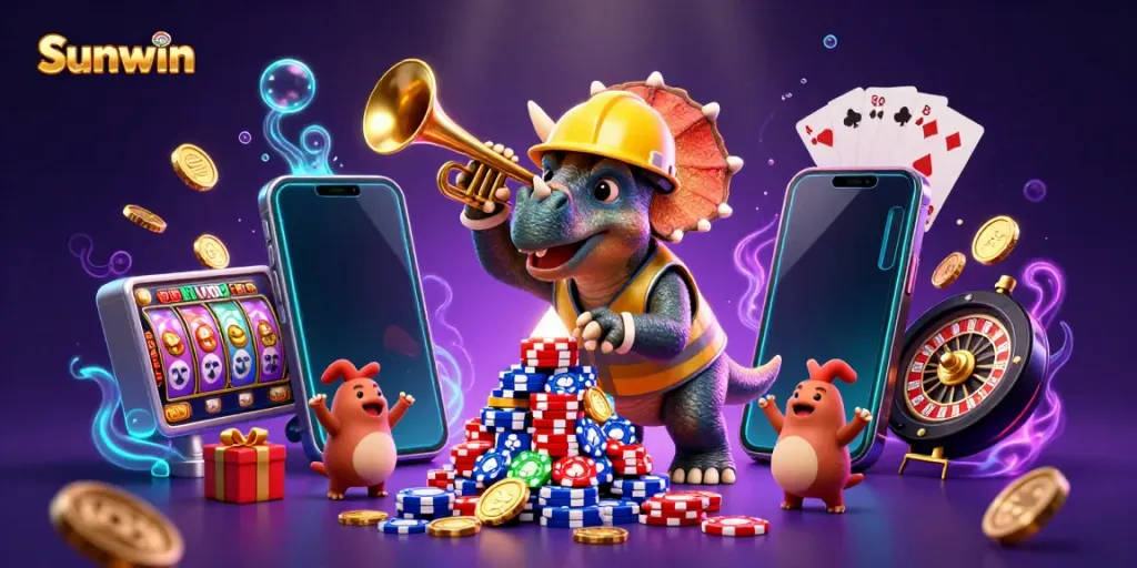 Experience the excitement of Sunwin as animated characters celebrate in a vibrant casino scene.