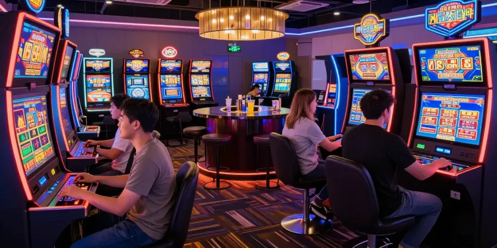 Exciting online gaming atmosphere at TX88, featuring players at digital casinos and vibrant neon lights.