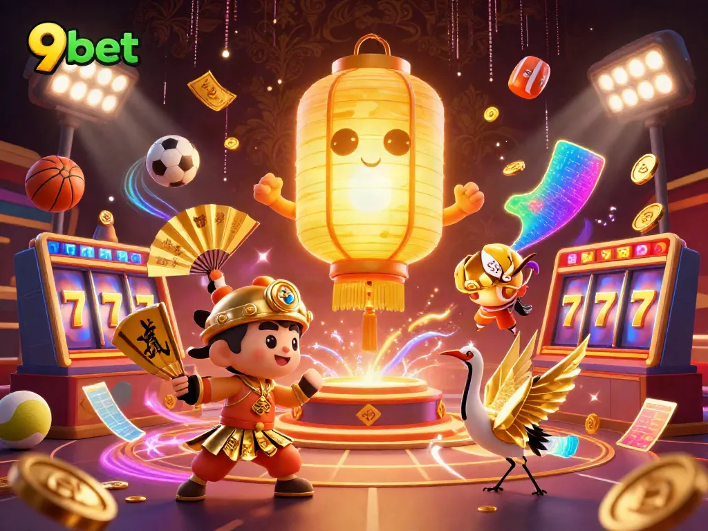 Experience the excitement of 9bet's casino with a vibrant 3D illustration showcasing games and lucky symbols.