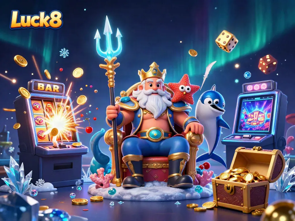 Experience excitement at Luck8 with a vibrant scene of Neptune and a slot machine bursting with coins.
