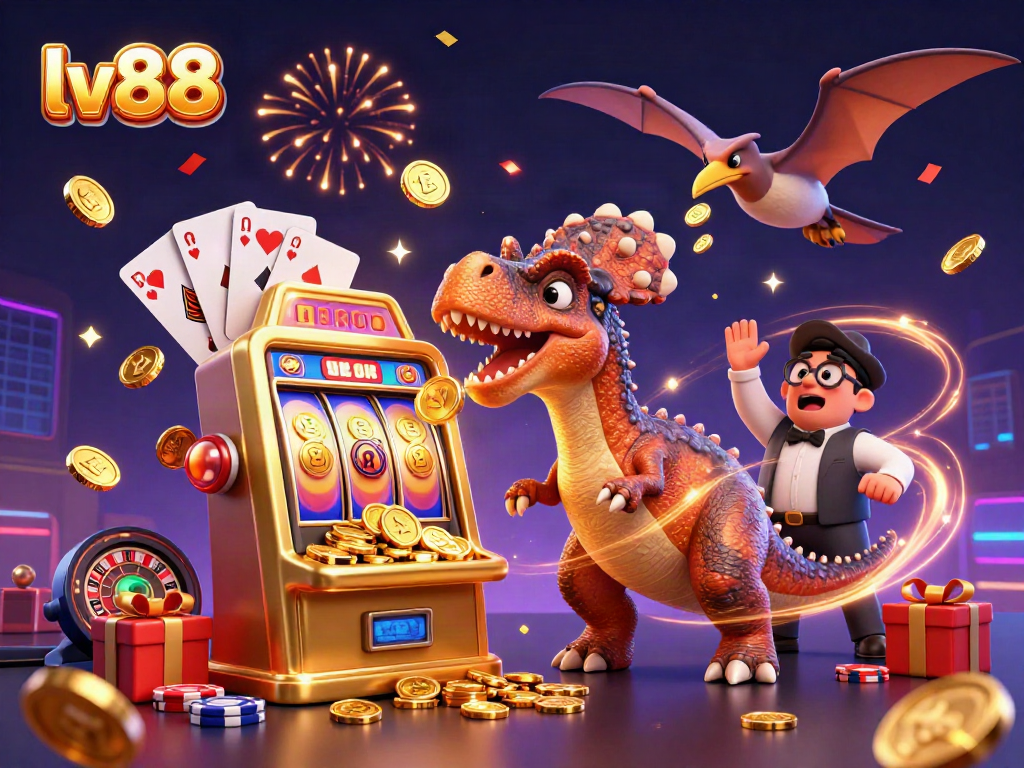 lv88 casino scene showcasing animated dinosaurs winning jackpots amidst dynamic game elements.