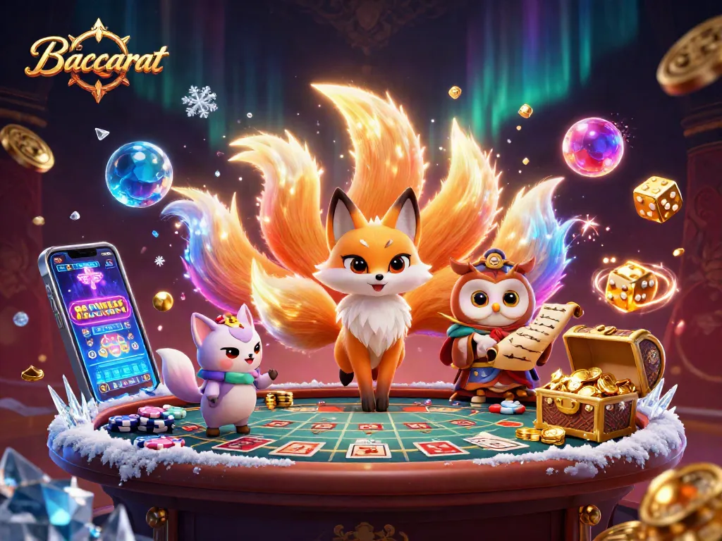 Baccarat game scene showcasing a colorful nine-tailed fox spirit and wise owl over a baccarat table with dynamic casino elements.