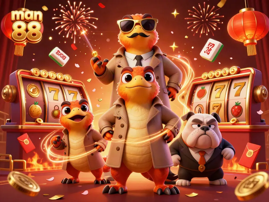 Watch three clever raptors in a trench coat enter a VIP casino lounge at man 88, a vibrant gambling scene.