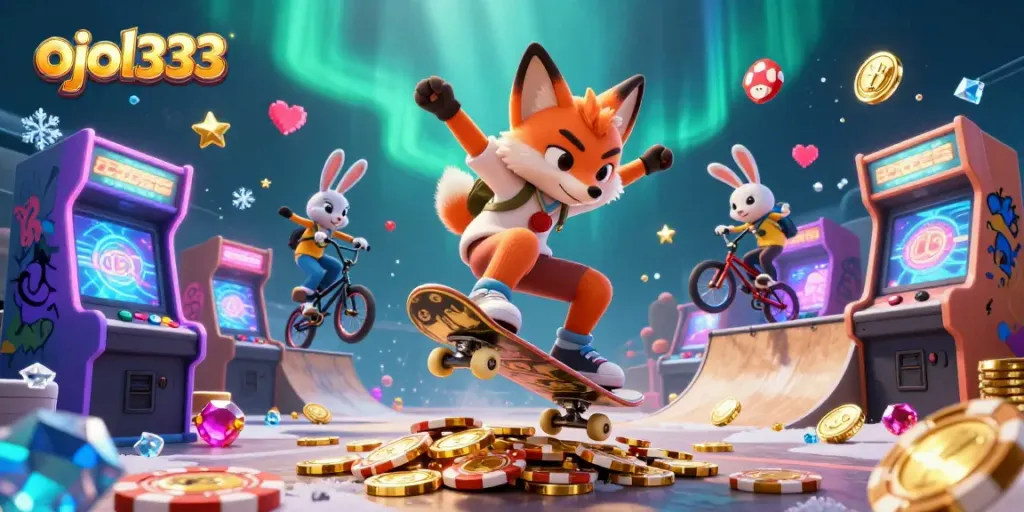 Engage with the thrilling world of ojol333, showcasing a cartoon fox and rabbit in a vibrant casino-themed adventure.