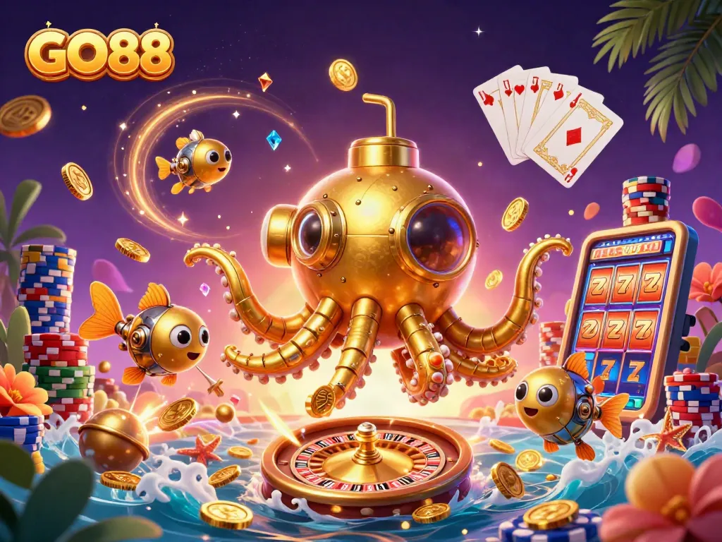 Engage in thrilling gameplay with GO88's vibrant casino-themed 3D illustration.