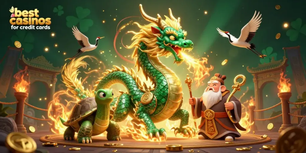 Engaging scene showcasing the best casinos for credit cards with a dragon, turtle, and cranes amid gaming elements