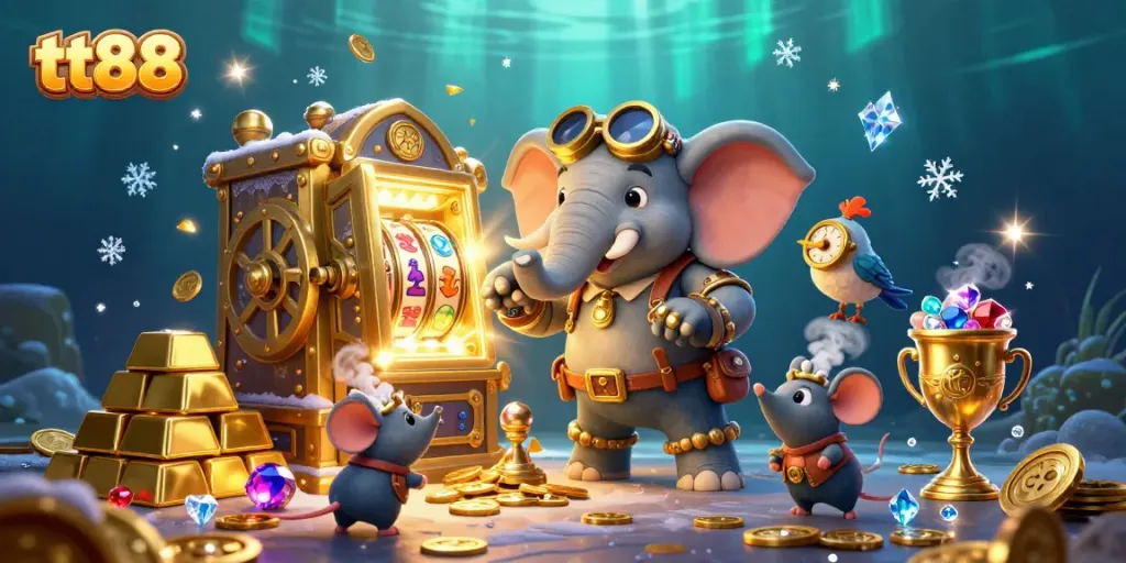 Spin the golden slot machine at tt88 with steampunk characters amidst treasure and gems.