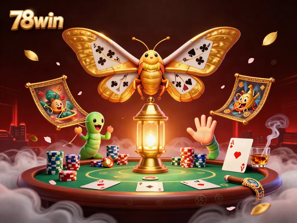 Engage in thrilling poker games with 78win, featuring vibrant golden casino elements and a captivating moth.