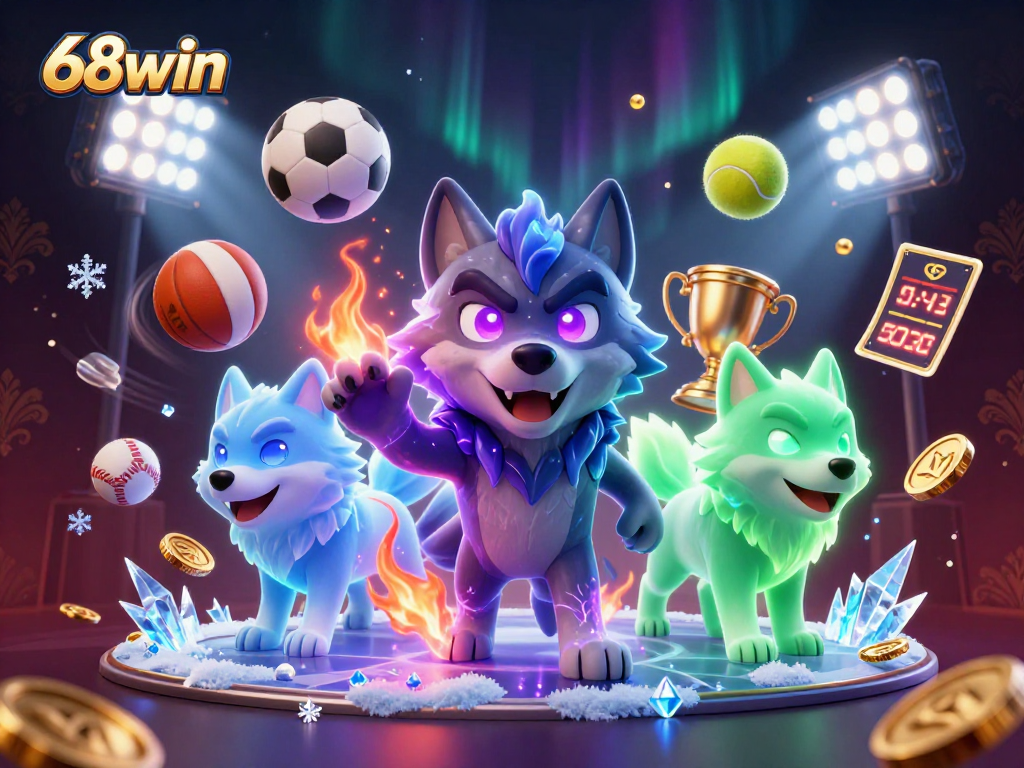 Experience the thrill of 68win with ghostly wolves leading a vibrant 3D casino scene.