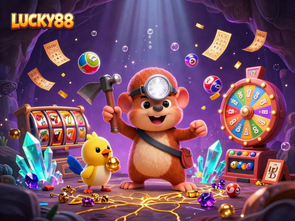 Spin jackpot reels and win treasures with LUCKY88 in this vibrant casino scene.