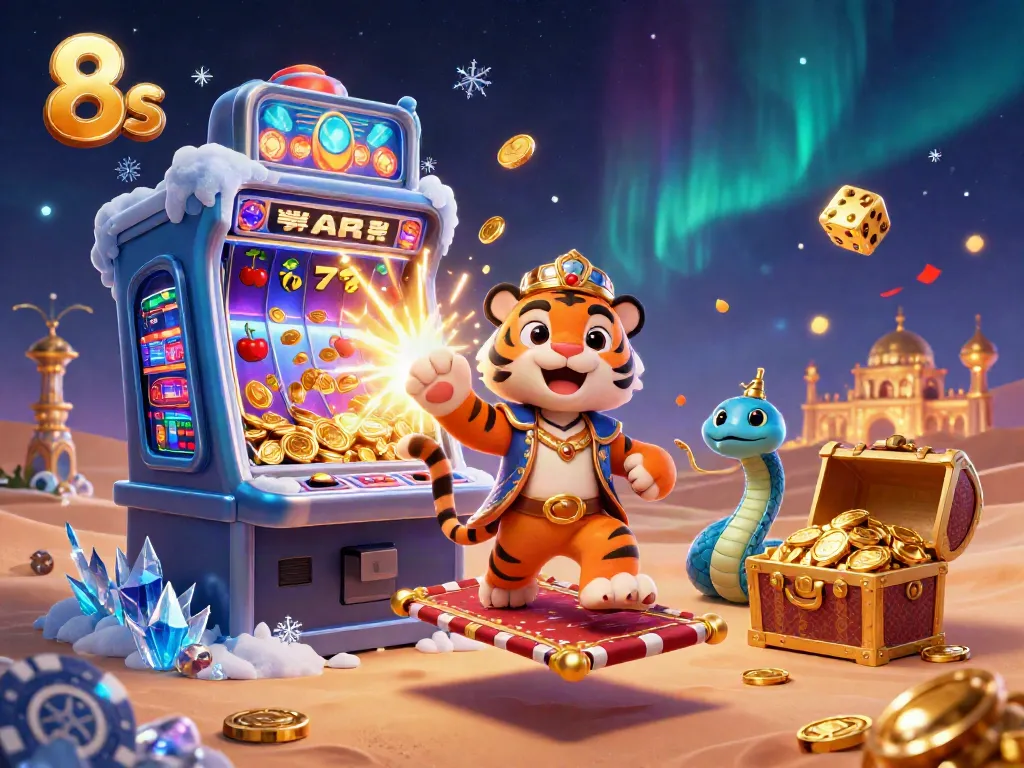 Experience the excitement of 8s in a vibrant casino scene featuring an Arabian Nights-themed tiger sultan.