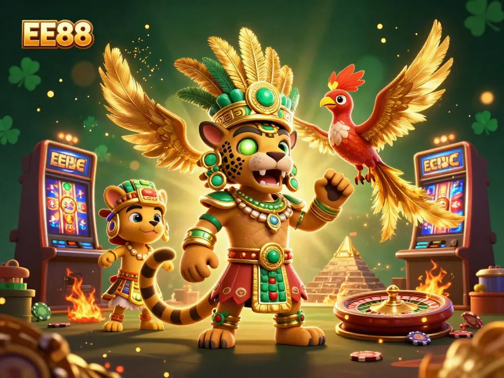 Experience thrilling gaming action with EE88's vibrant casino scene featuring slot reels and a Mayan jaguar priest.