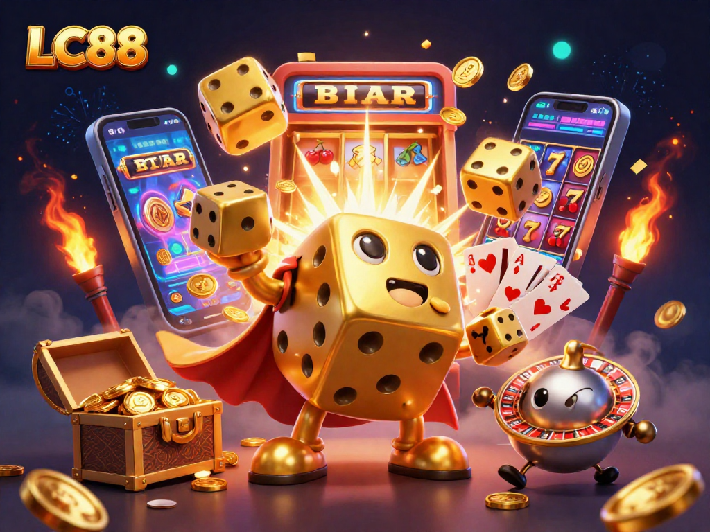 LC88 showcases a vibrant scene featuring a golden dice golem and lively game elements for gamers.