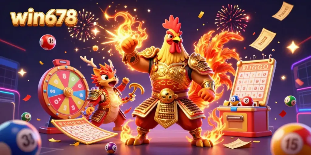 Experience thrilling gaming adventures with win678, featuring a vibrant scene of a rooster warrior, dragon hatchling, and joyful cat mascot.