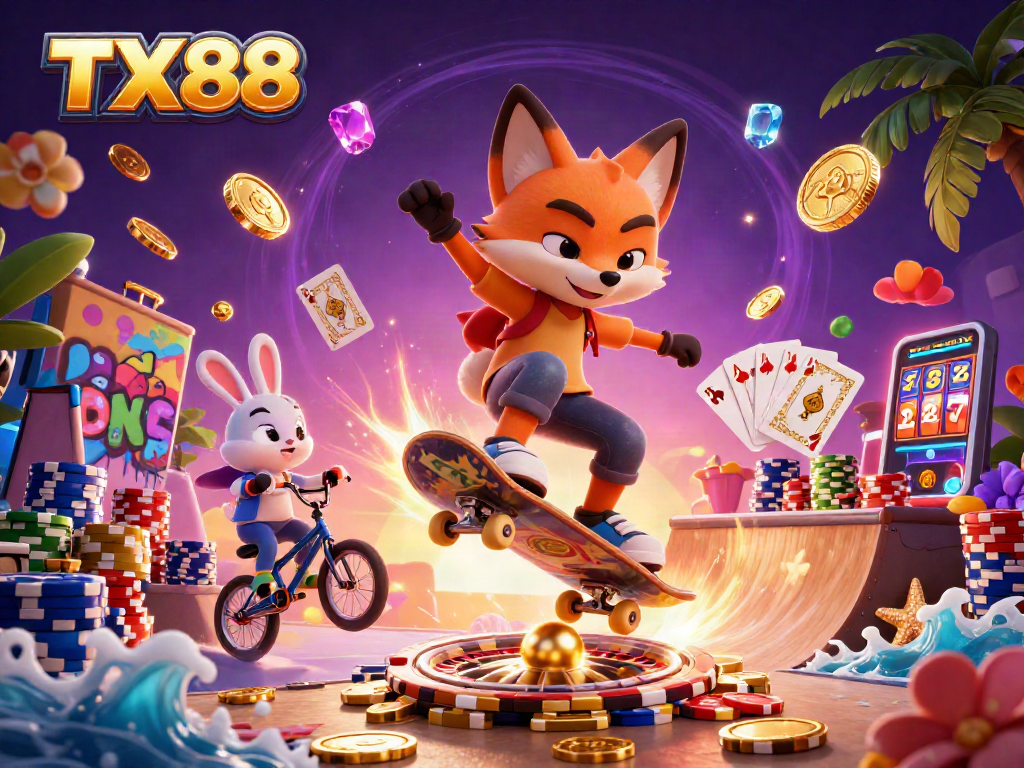 Experience thrilling action with TX88 as a skateboarder fox performs tricks over poker chips.