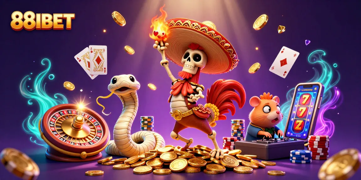 88IBET showcases a victory dance of a mariachi rooster amidst casino elements and exciting gameplay.