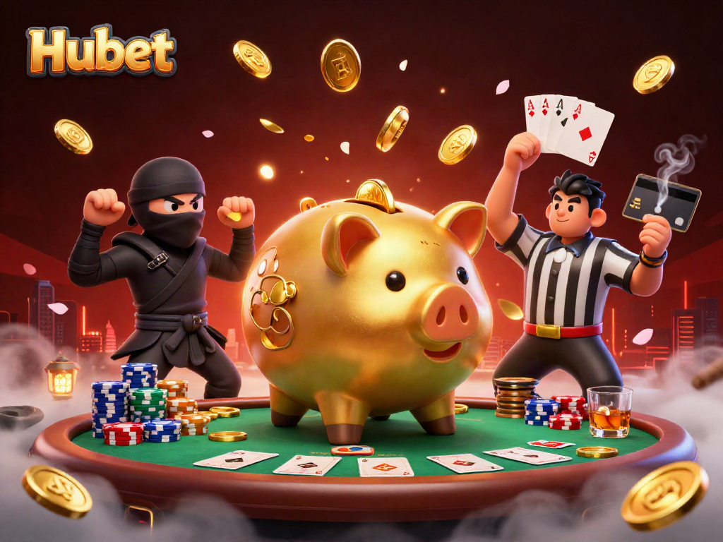 Hubet gaming scene with golden piggy bank sumo wrestler and poker elements illustrating intense gambling action