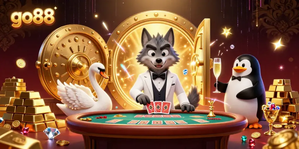 Experience thrilling gambling moments at GO88 featuring a debonair wolf and glamorous characters.
