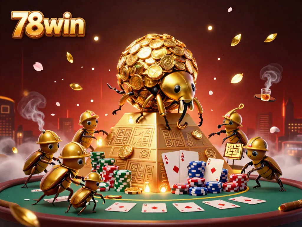 Experience 78win excitement as golden beetles roll coins amidst a vibrant casino scene