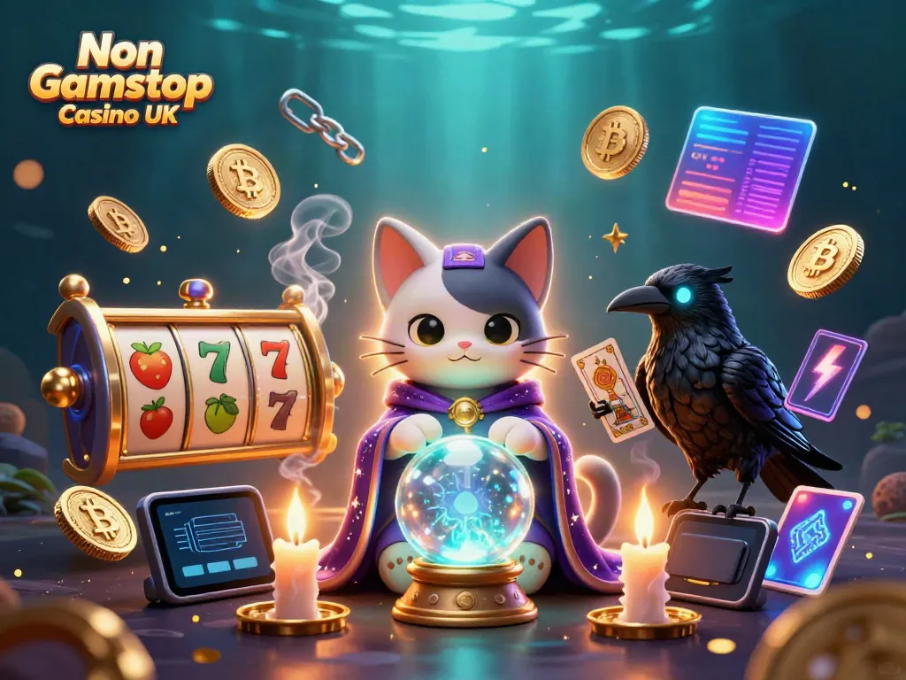 Engage with the mystique of Non Gamstop Casino UK in this vibrant 3D scene featuring a fortune teller cat and a tarot raven.