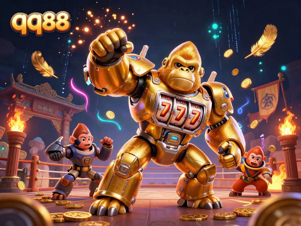Engage with qq88's thrilling gaming experience featuring a dynamic golden gorilla mech and vibrant casino elements.