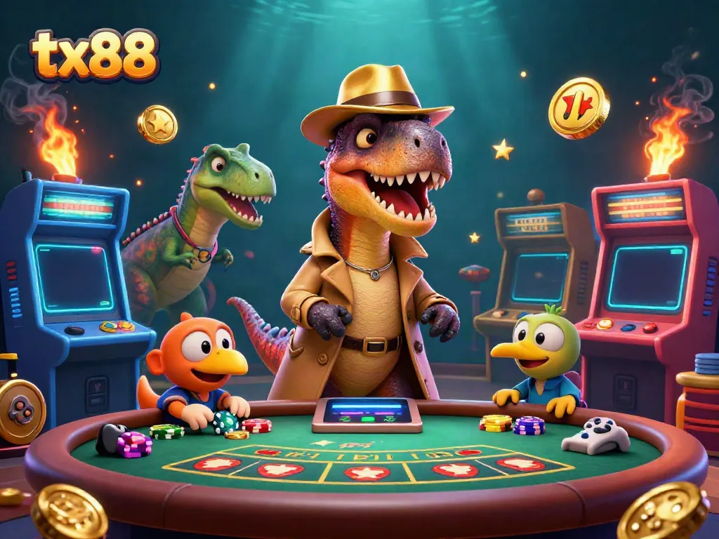 Visualize tx88's exciting gaming experience with cartoon dinosaurs at a blackjack table