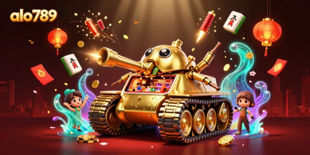 Engage in thrilling gameplay at alo789, featuring a vibrant miniature casino with dynamic confetti cannons and joyous patrons.