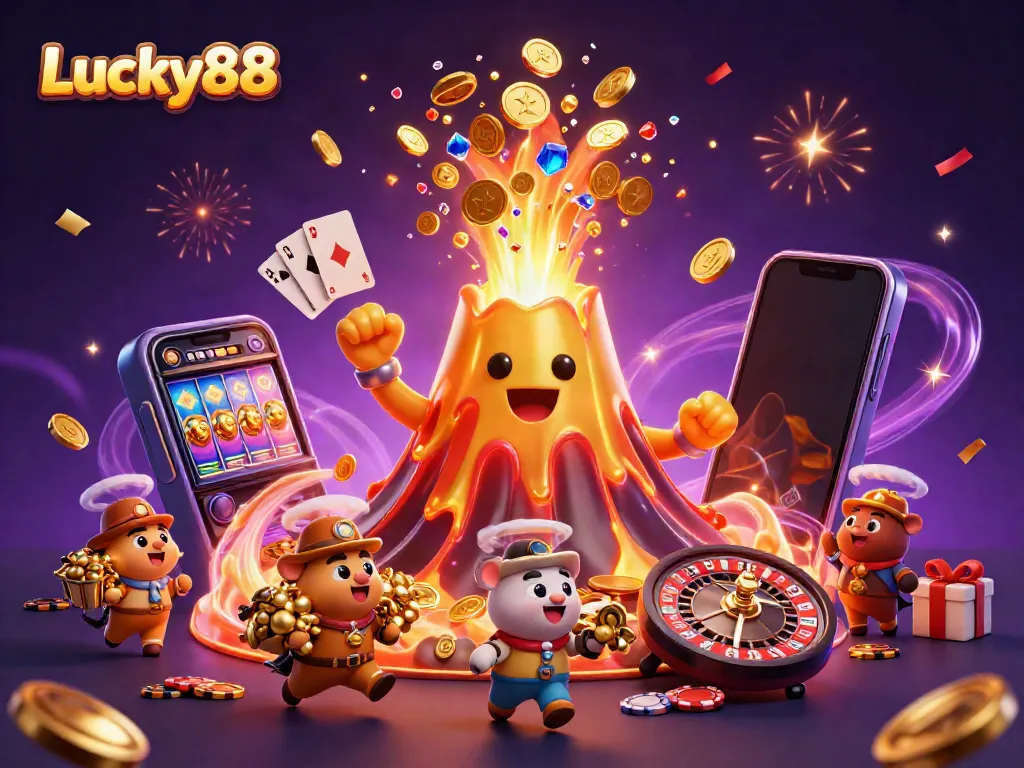 Experience exciting wins with Lucky88 on this vibrant 3D casino illustration featuring a golden volcano and games.