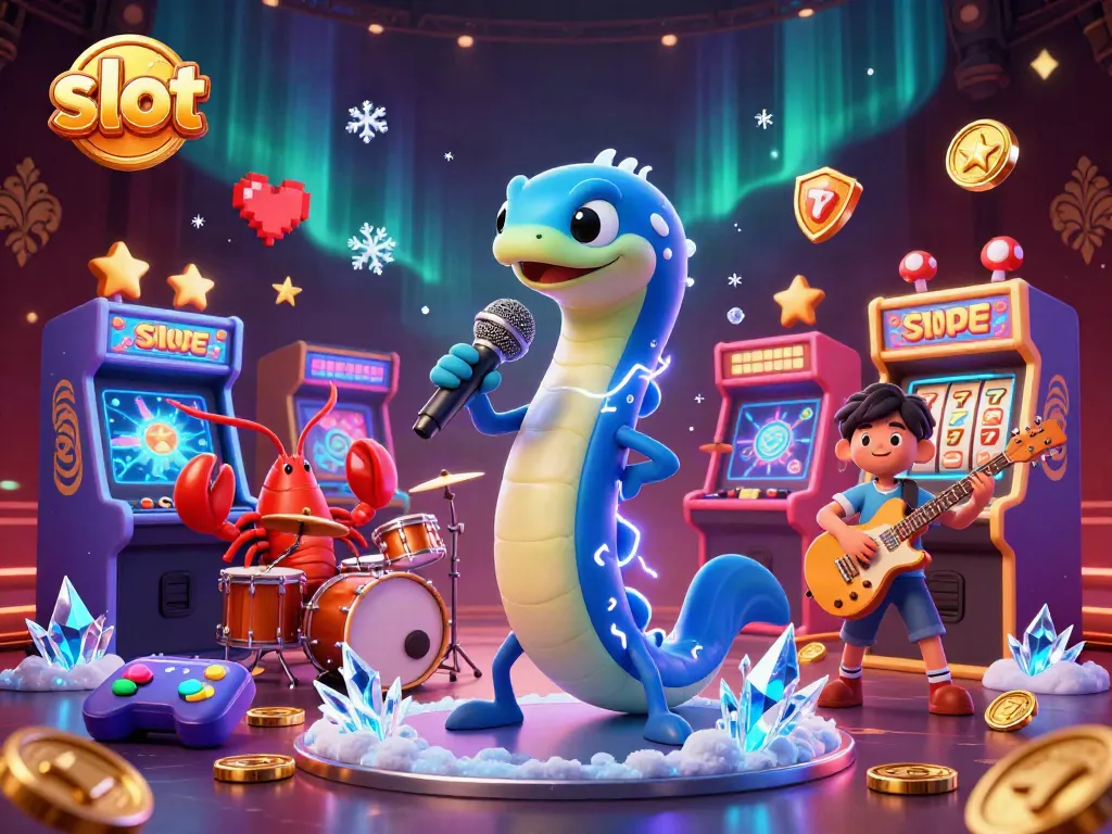 Engage in thrilling slot gaming with a lively electric eel DJ and vibrant casino elements.