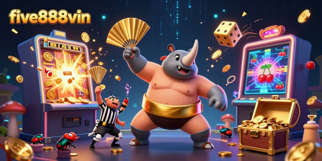 Experience the thrilling action at five888vin with a lively casino scene featuring vibrant characters and dynamic elements.