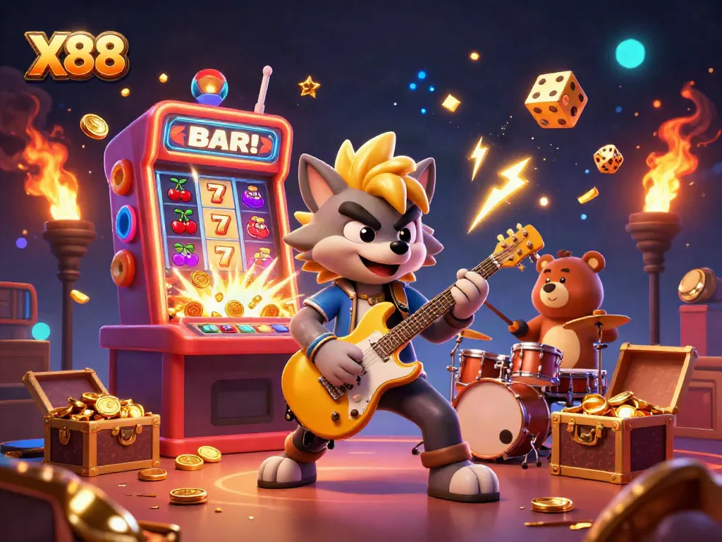 X88 casino illustration with a rock star wolf and drummer bear surrounded by slot machines and golden coins.