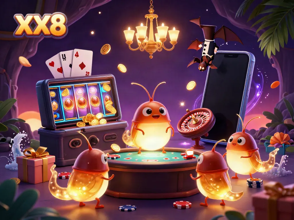 Play and win at XX8 as glowworms illuminate an exciting cave casino scene.