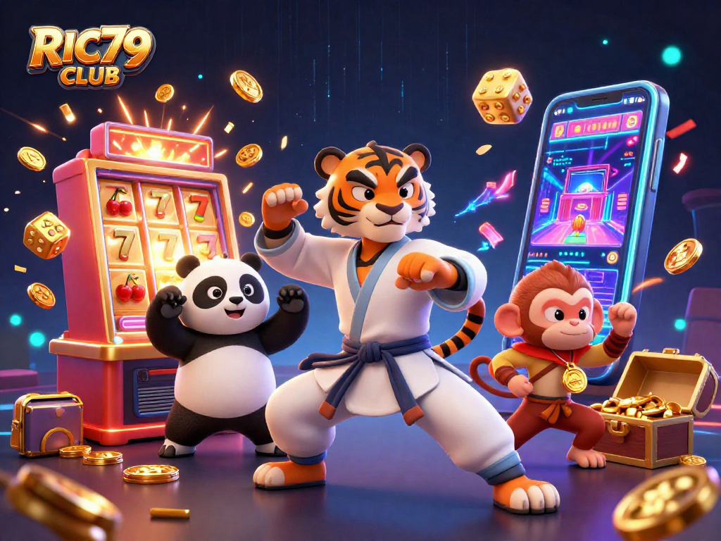 Experience the thrilling RIC79 CLUB slot games with a colorful jackpot scene and exciting characters.