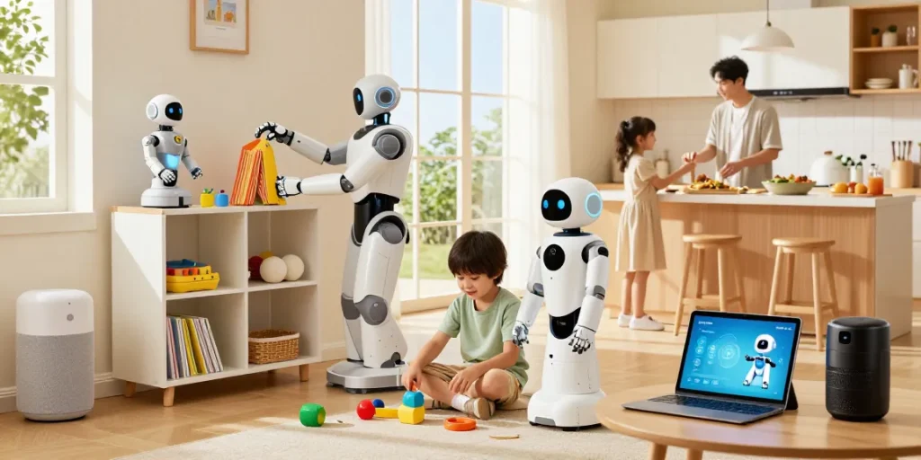 Home robot 2026 assisting a family in a modern living room while organizing and interacting during household chores.