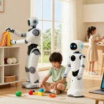 Home robot 2026 assisting a family in a modern living room while organizing and interacting during household chores.