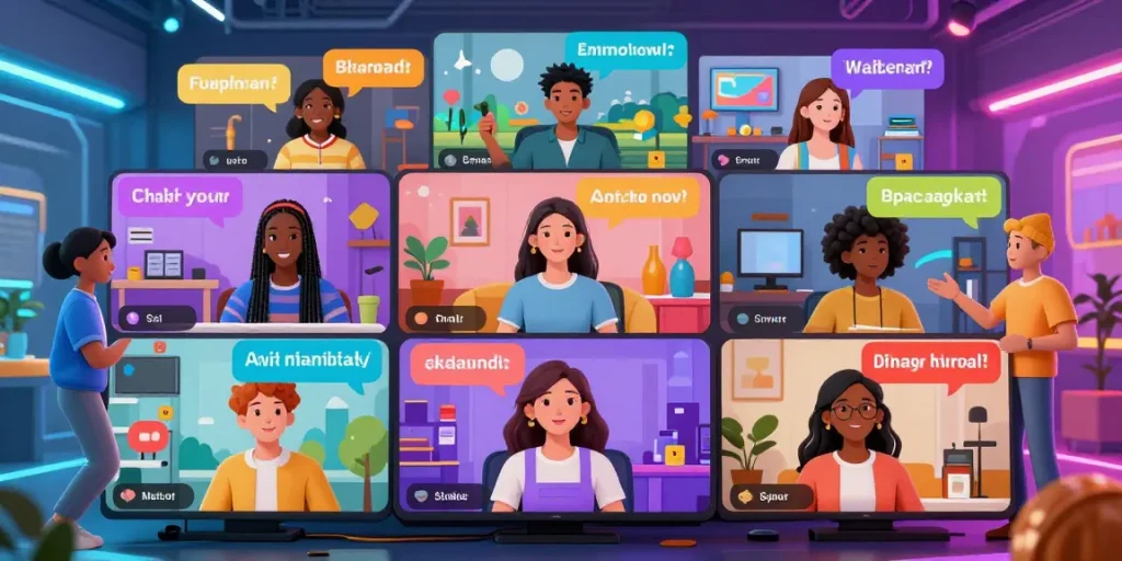 Engaging scene featuring diverse users interacting with AI characters in spicychat, showcasing a vibrant virtual chatroom.