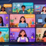 Engaging scene featuring diverse users interacting with AI characters in spicychat, showcasing a vibrant virtual chatroom.