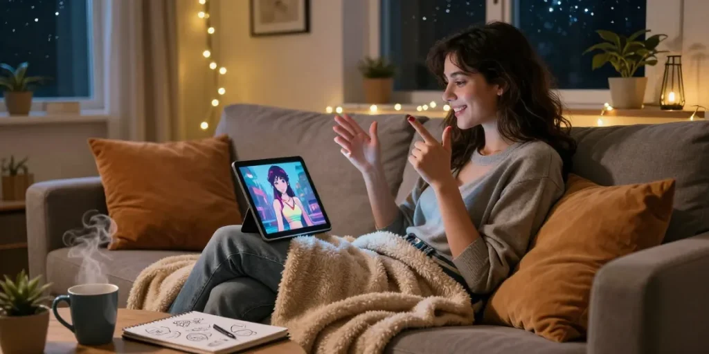 Engaging chat with AI sluts in a cozy living room setup, showcasing digital interaction.