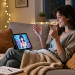 Engaging chat with AI sluts in a cozy living room setup, showcasing digital interaction.
