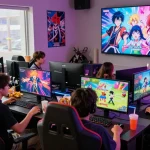 Friends enjoying ecchi games online together in a colorful gaming lounge.
