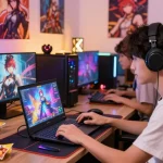 Engaging scene of a player enjoying a trans hentai game in a vibrant gaming room.
