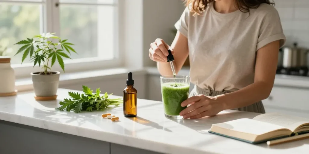 thc vape juice displayed in a serene wellness kitchen scene with CBD oil, fresh hemp extract, and supplements for a healthy lifestyle.
